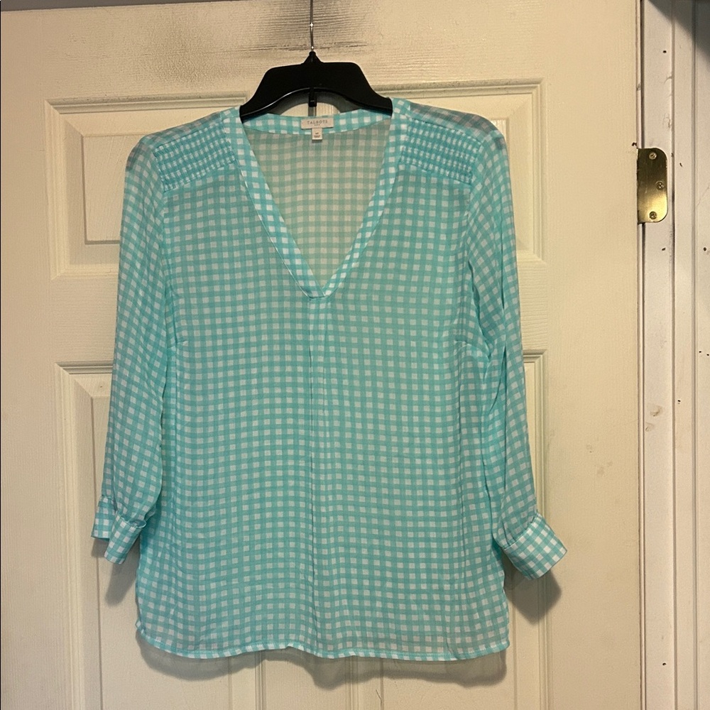 Talbots Green and White Sheer Checkered Blouse Size Medium